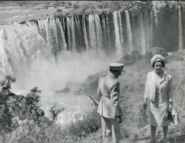 The British monarch visits the Blue Nile falls in 1965, guest of the Ethiopian emperor, Hailie Selassie