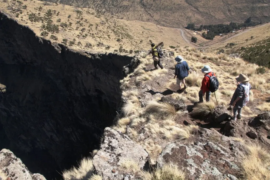Approaching the edge of the escarpment in the Simien Mountains - health and safety look away